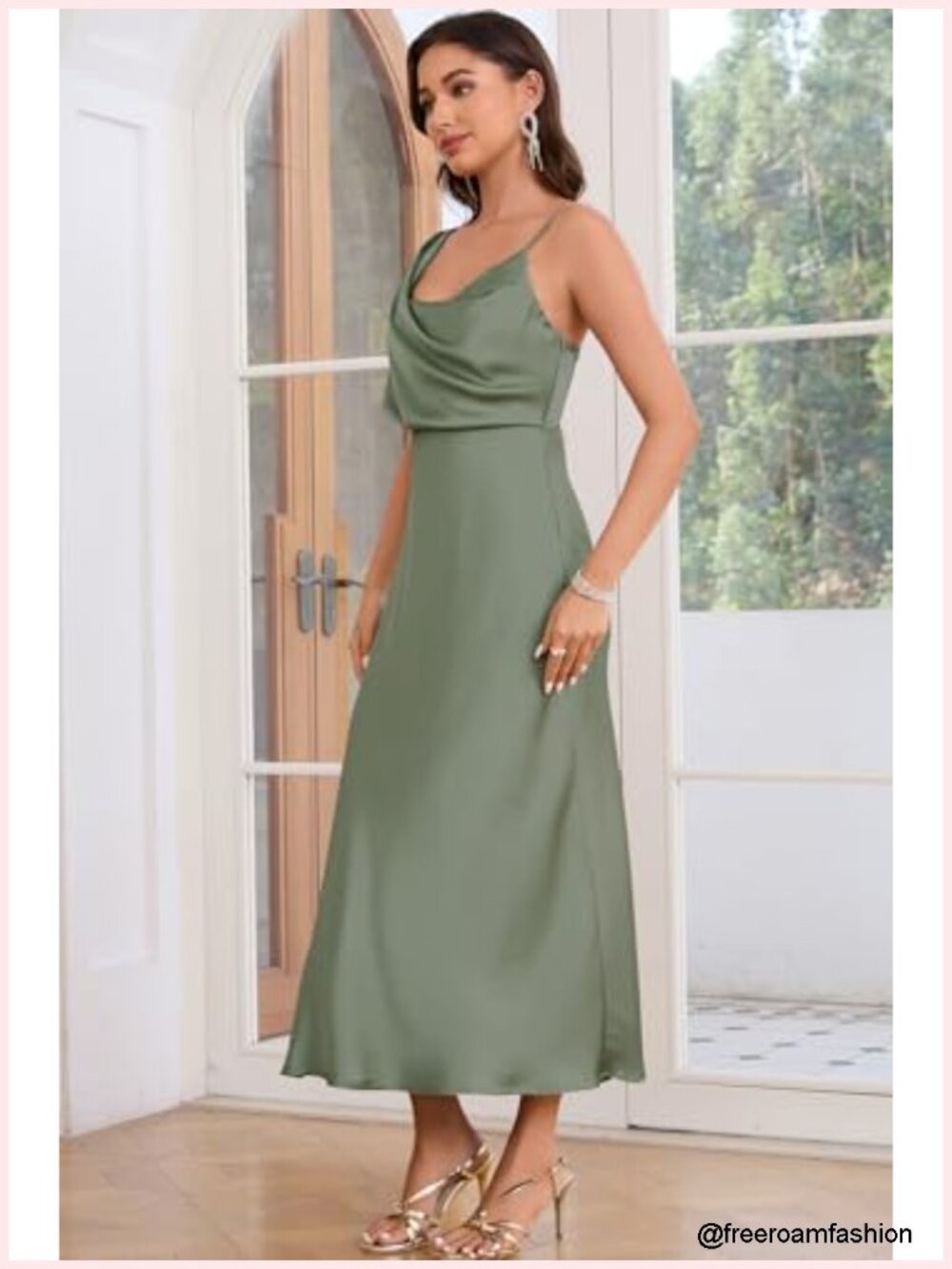 Satin Cowl Neck Spaghetti Strap Maxi Dress Bodycon Wedding Guest Cocktail Party - Picture 2 of 6